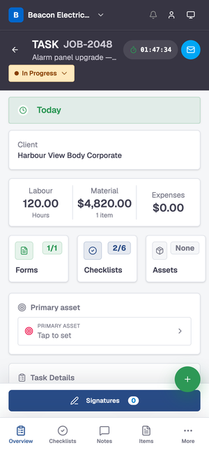 The Dash field app showing an in-progress job with a running timer, completed forms and checklist progress.