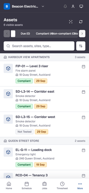 The Dash field app asset list, where the crew tests equipment against the register on site.