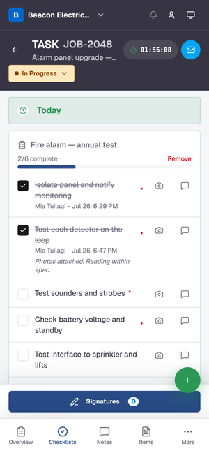 The Dash field app checklist showing two of six items complete, each stamped with the technician's name and time.