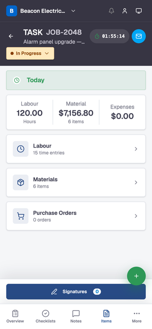 The Dash field app items screen, where the crew adds parts used on the job.