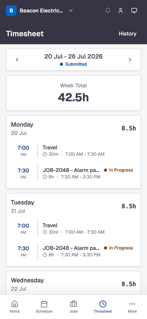 The Dash field app timesheet, showing the hours the crew recorded for the week.