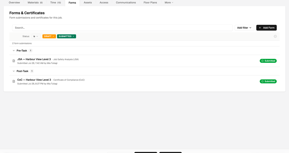 The Forms tab on a Dash job, showing a submitted Job Safety Analysis and Certificate of Compliance.