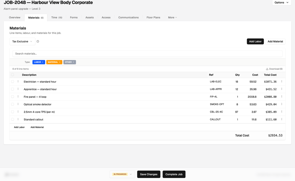 A Dash job on the Materials tab, with labour and material lines showing reference, quantity, unit cost and total, and a job total cost.