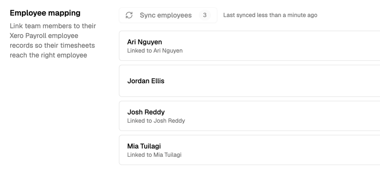 Dash Xero Payroll employee mapping, showing three team members each linked to their Xero Payroll employee record, last synced moments ago.